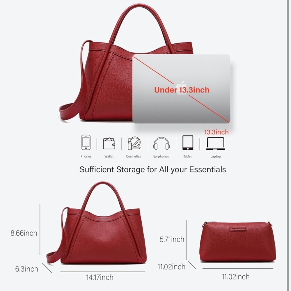 Red NEWBELLA Vegan Leather Tote Bag Shoulder Bag Handbag with Matching Purse - Picture 3 of 11
